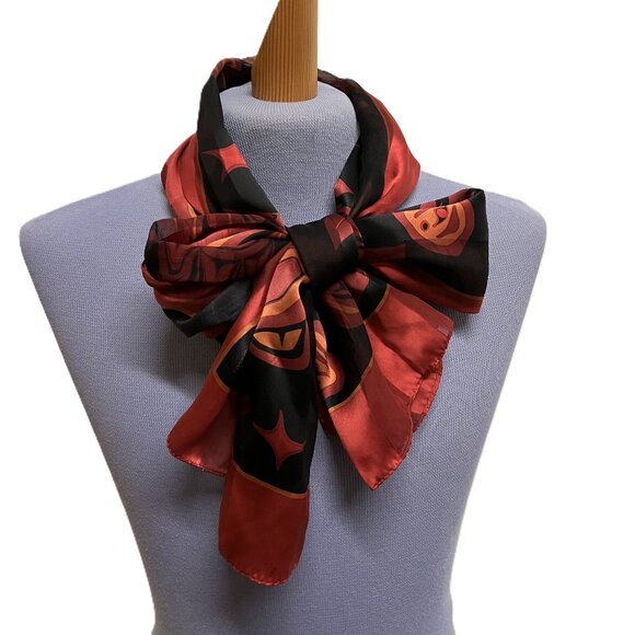 Bill Helin Haida Raven Silk Satin Long Scarf Red/Black Vintage Y2K Magenta 60" - Picture 9 of 9